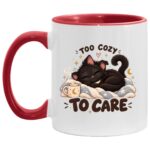 Too Cozy To Care Black Cat Accent Mug, Cute Sleepy Cat Coffee Cup, Cozy Cat Lover Gift, Funny Cat Mom Mug, White/Red, 11 oz. Accent Mug