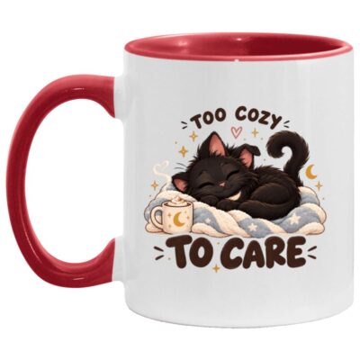 Too Cozy To Care Black Cat Accent Mug, Cute Sleepy Cat Coffee Cup, Cozy Cat Lover Gift, Funny Cat Mom Mug, White/Red, 11 oz. Accent Mug