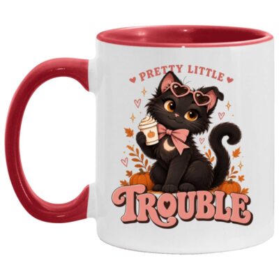 Pretty Little Trouble Black Cat Accent Mug, Cute Girly Cat Coffee Cup, Pink Bow Kitty Mug, White/Red, 11 oz. Accent Mug