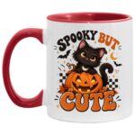 Spooky But Cute Black Cat Accent Mug, Cute Halloween Cat Coffee Cup, Pumpkin Kitty Mug, Funny Spooky Season Cat Lovers, White/Red, 11 oz. Accent Mug