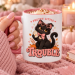 Pretty Little Trouble Black Cat Accent Mug, Cute Girly Cat Coffee Cup, Pink Bow Kitty Mug - Thumbnail Image 3