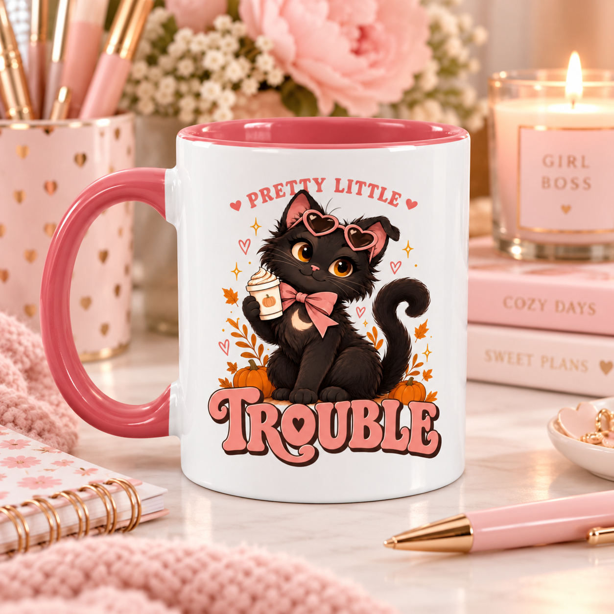 Pretty Little Trouble Black Cat Accent Mug, Cute Girly Cat Coffee Cup, Pink Bow Kitty Mug - Image 4