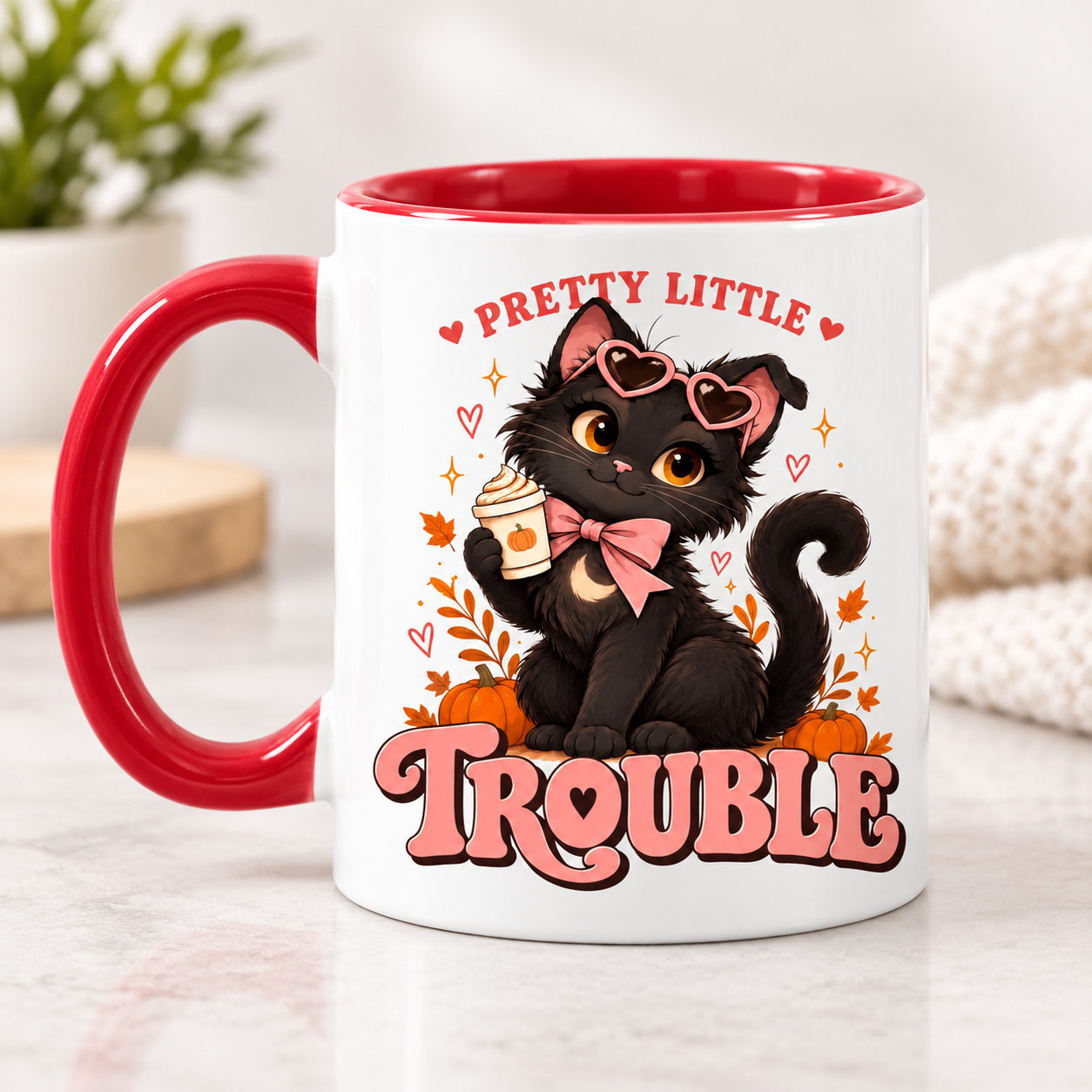 Pretty Little Trouble Black Cat Accent Mug, Cute Girly Cat Coffee Cup, Pink Bow Kitty Mug - Image 5