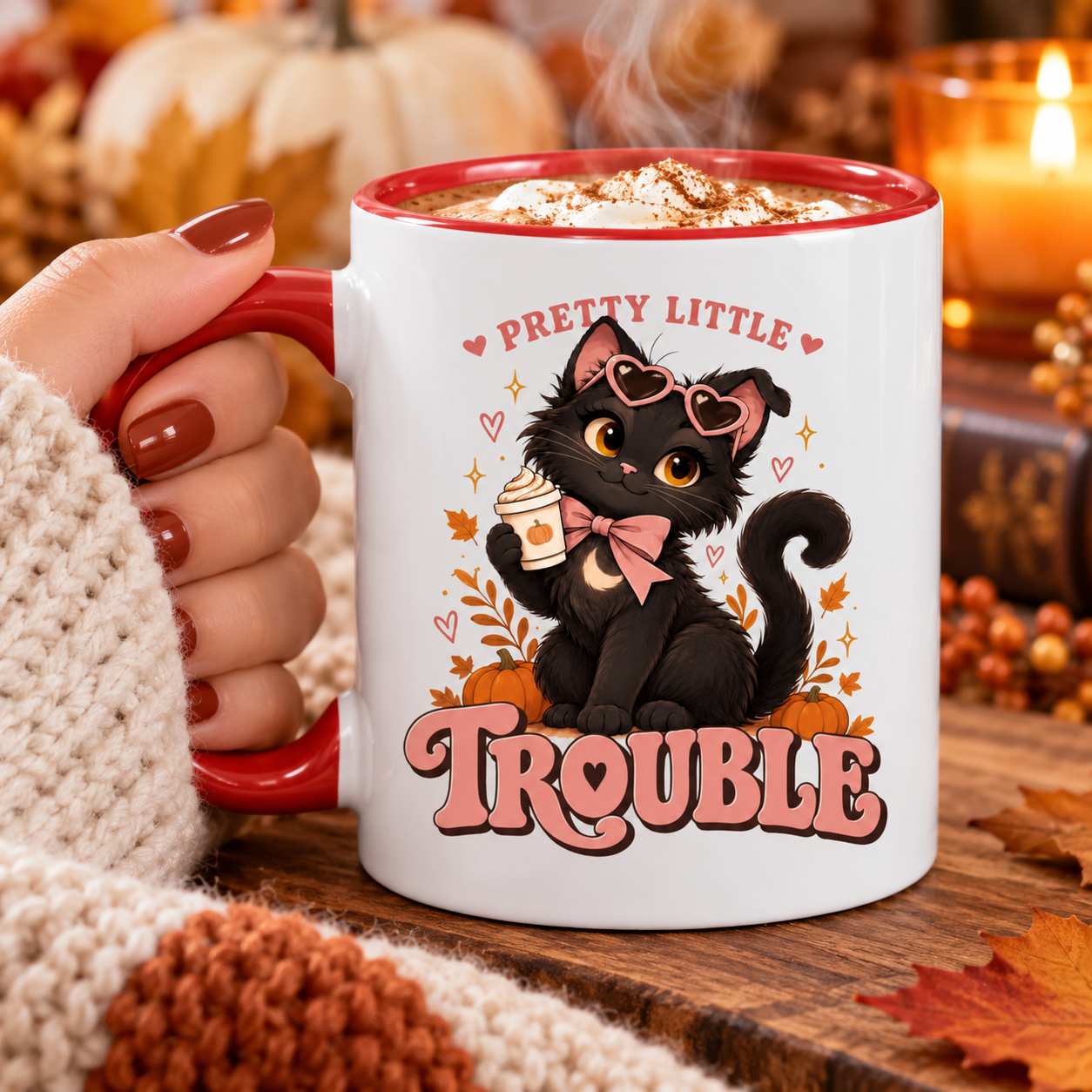 Pretty Little Trouble Black Cat Accent Mug, Cute Girly Cat Coffee Cup, Pink Bow Kitty Mug - Image 6