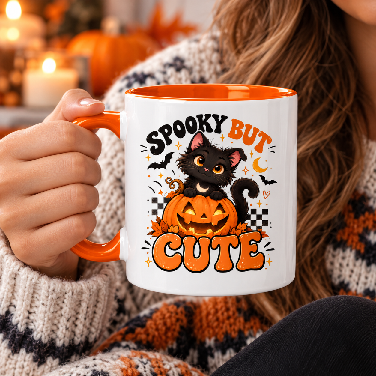 Spooky But Cute Black Cat Accent Mug, Cute Halloween Cat Coffee Cup, Pumpkin Kitty Mug, Funny Spooky Season Cat Lovers - Image 2