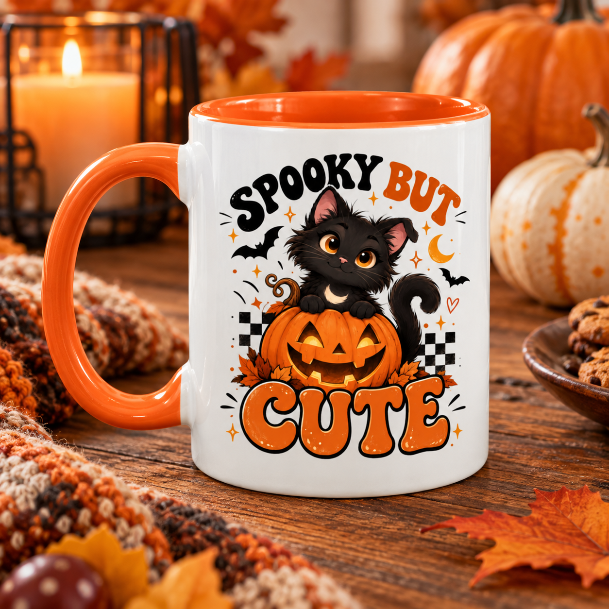Spooky But Cute Black Cat Accent Mug, Cute Halloween Cat Coffee Cup, Pumpkin Kitty Mug, Funny Spooky Season Cat Lovers - Image 3