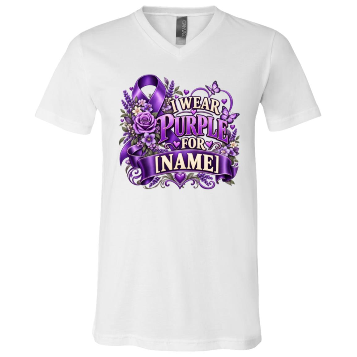 Personalized I Wear Purple For [Name] Shirt, Purple Ribbon Awareness T-Shirt, Custom Support Shirt, White, V-Neck T-Shirt