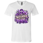 In November We Wear Purple Shirt, Purple Ribbon Awareness Month T-Shirt, Floral Pancreatic Cancer Awareness Tee, White, V-Neck T-Shirt