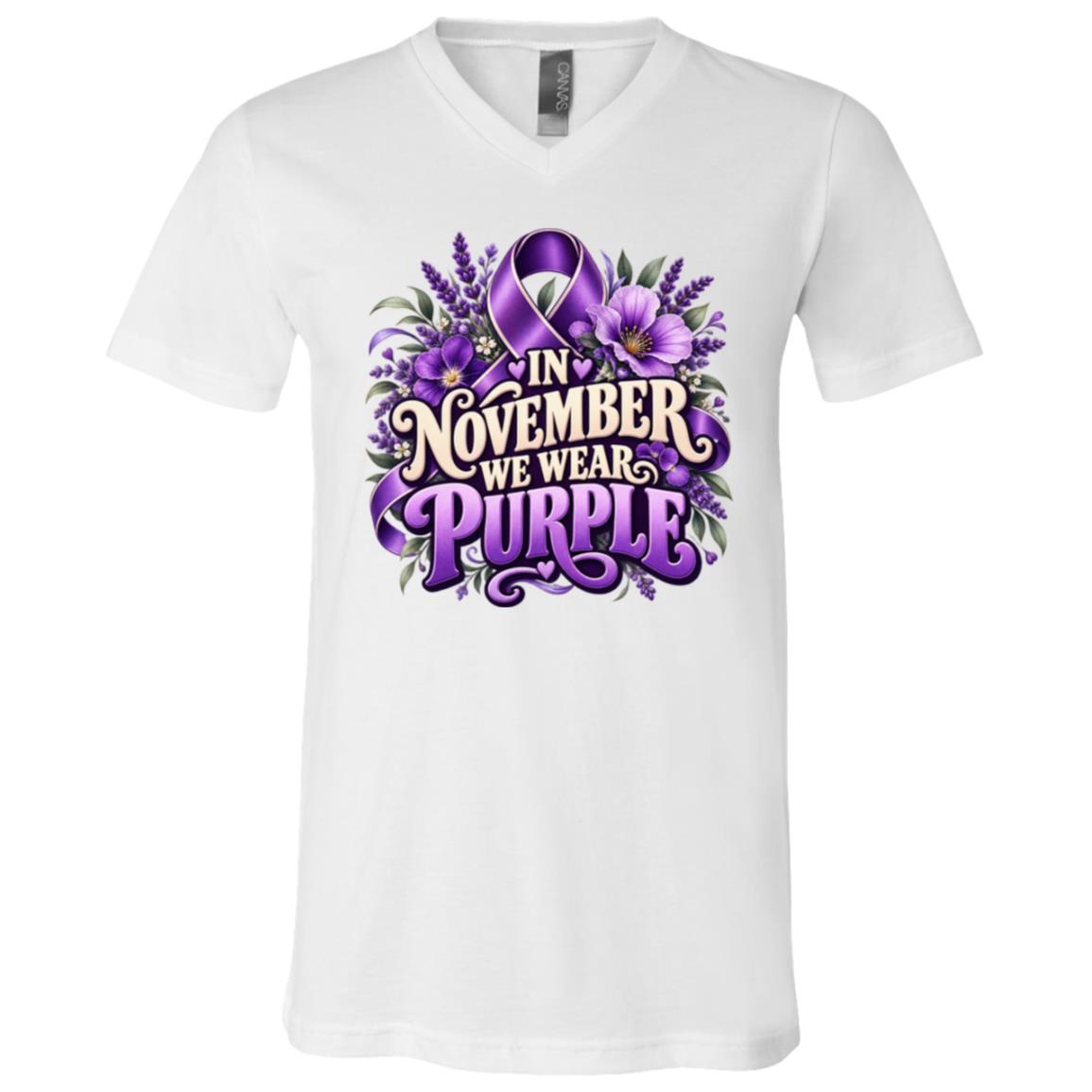 In November We Wear Purple Shirt, Purple Ribbon Awareness Month T-Shirt, Floral Pancreatic Cancer Awareness Tee, White, V-Neck T-Shirt