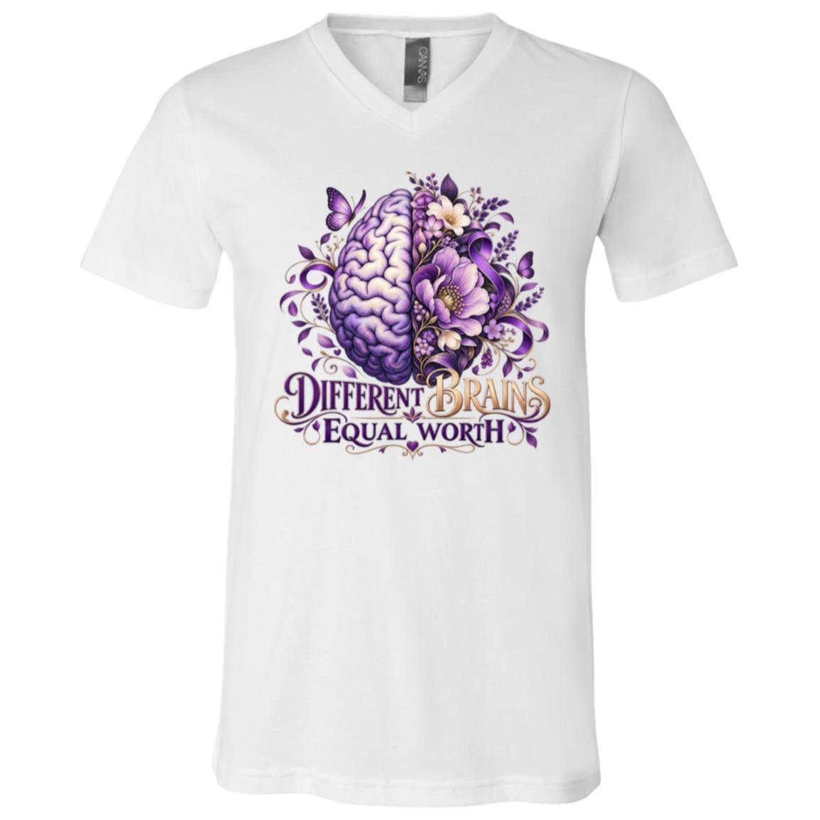 Different Brains Equal Worth Shirt, Neurodiversity Awareness T-Shirt, Floral Brain Graphic Tee, White, V-Neck T-Shirt