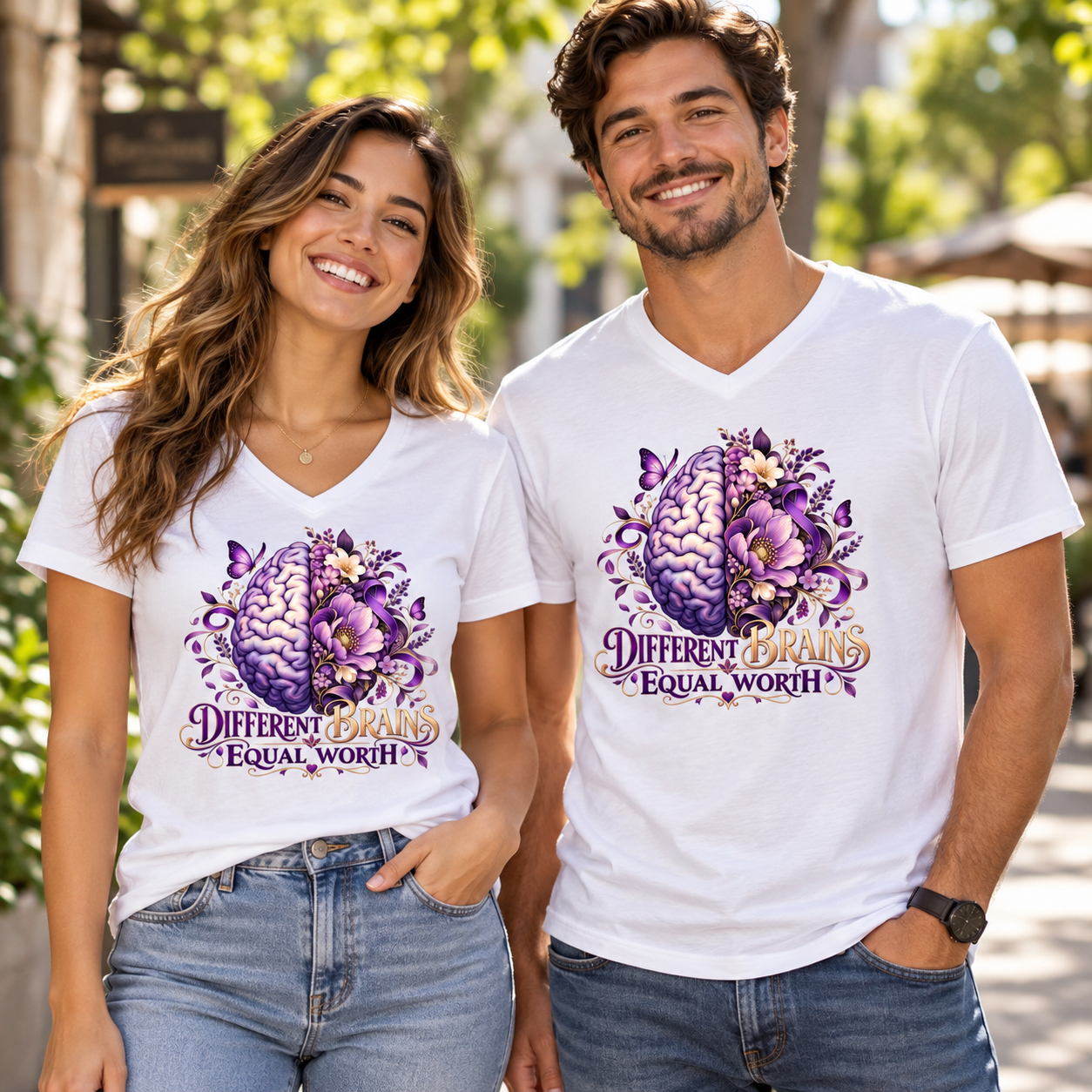 Different Brains Equal Worth Shirt, Neurodiversity Awareness T-Shirt, Floral Brain Graphic Tee - Image 2