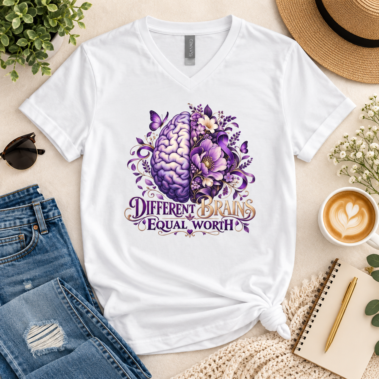 Different Brains Equal Worth Shirt, Neurodiversity Awareness T-Shirt, Floral Brain Graphic Tee - Image 4