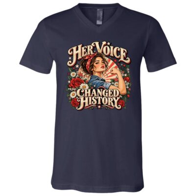 Her Voice Changed History Shirt, Feminist Women’s History T-Shirt, Retro Women Empowerment Graphic Tee, Navy, V-Neck T-Shirt
