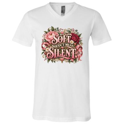 Soft Doesn’t Mean Silent Shirt, Floral Feminist T-Shirt, Women Empowerment Graphic Tee, Feminine Statement Shirt, White, V-Neck T-Shirt