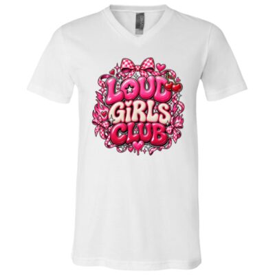 Loud Girls Club Shirt, Y2K Feminist Baby Tee, Girly Women Empowerment T-Shirt, Retro Pink Graphic Tee for Women, White, V-Neck T-Shirt