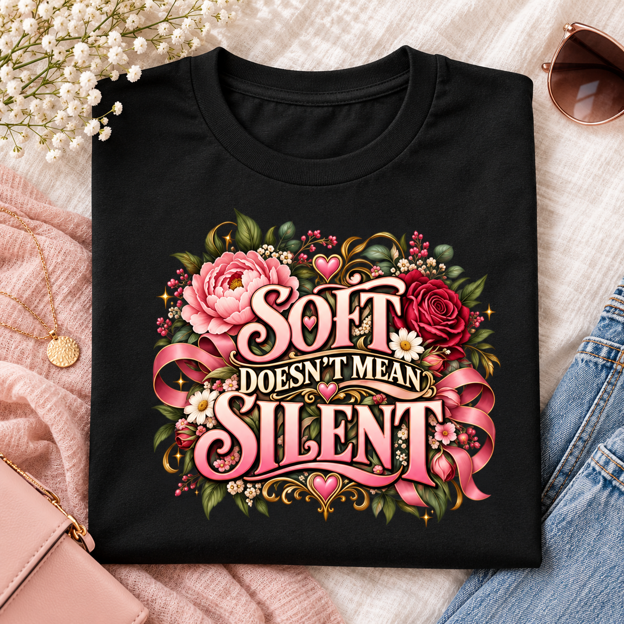 Soft Doesn’t Mean Silent Shirt, Floral Feminist T-Shirt, Women Empowerment Graphic Tee, Feminine Statement Shirt for Women - Image 5