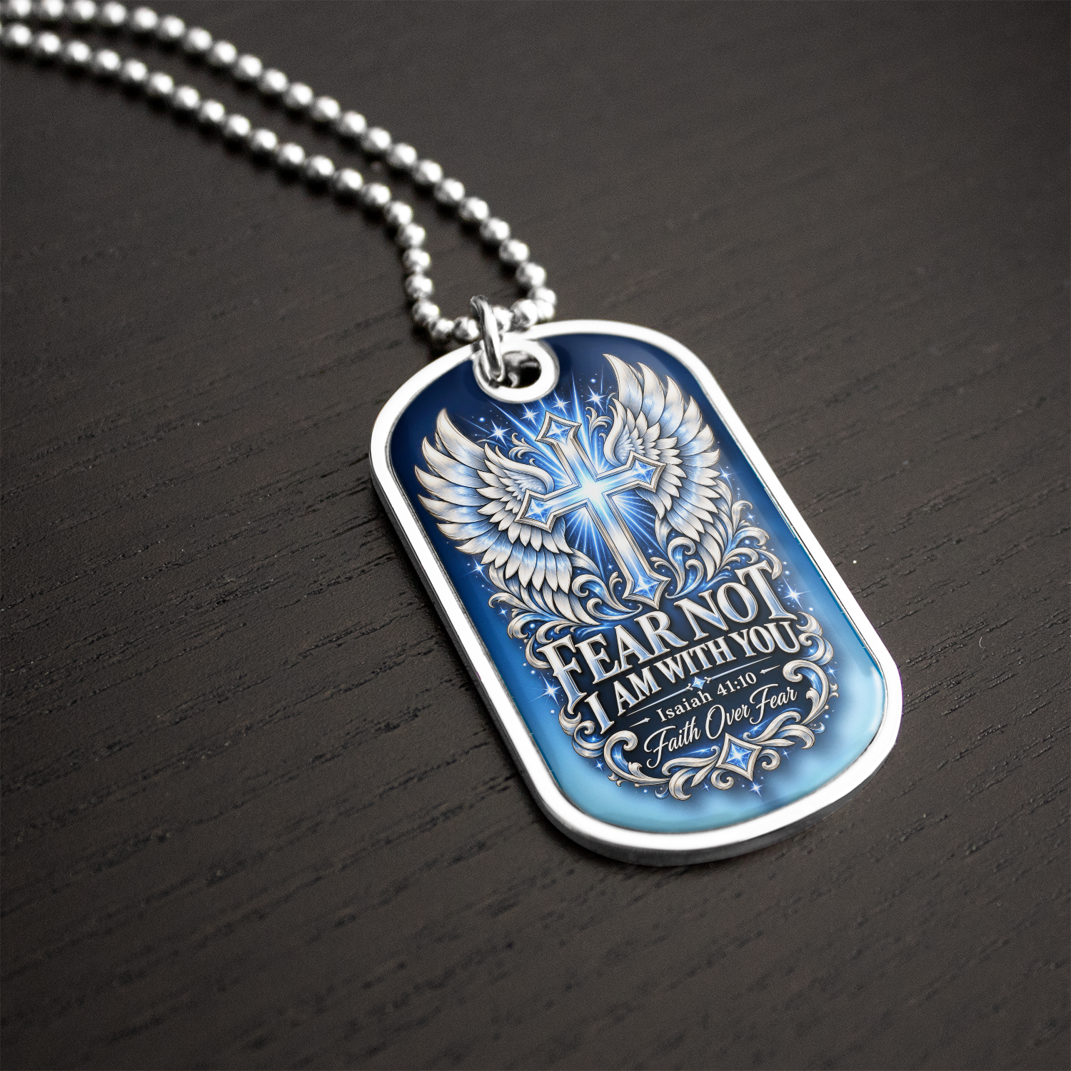 Personalized Christian Keychain Dog Tag Necklace - Faith Over Fear, Isaiah 41:10 Bible Verse, Cross & Angel Wings, Custom Engraved Gift - Image 4