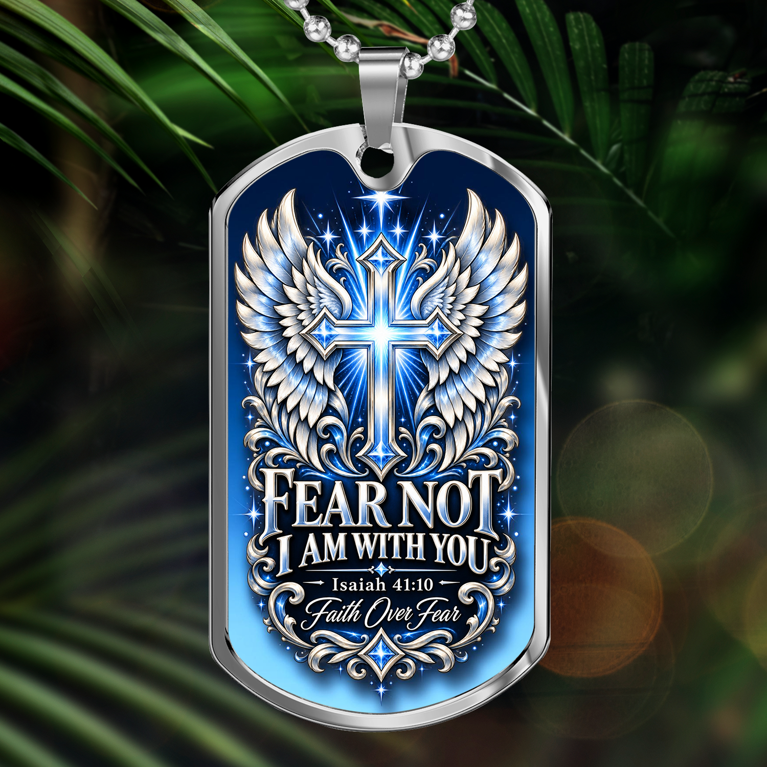 Personalized Christian Keychain Dog Tag Necklace - Faith Over Fear, Isaiah 41:10 Bible Verse, Cross & Angel Wings, Custom Engraved Gift - Image 5
