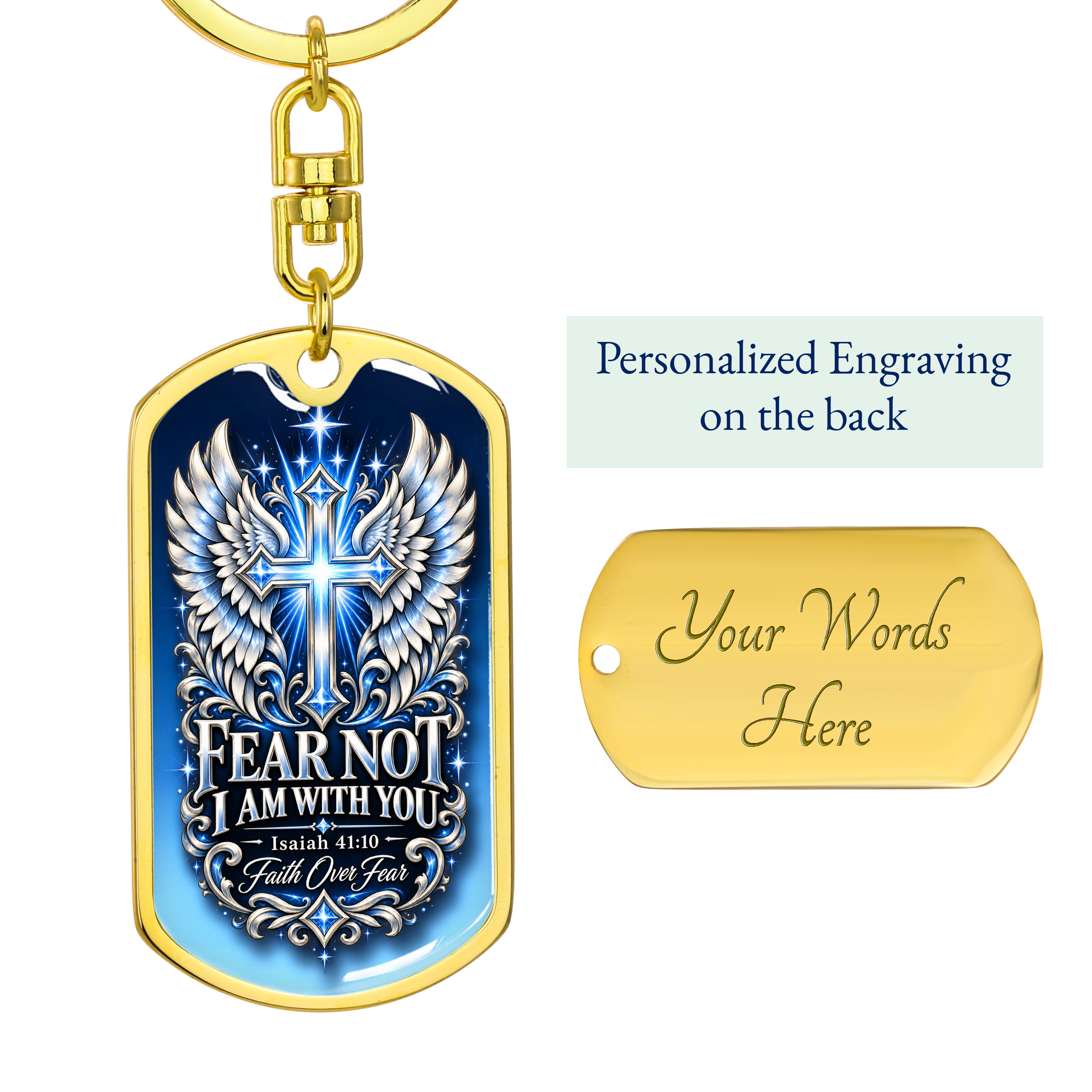 Personalized Christian Keychain Dog Tag Necklace - Faith Over Fear, Isaiah 41:10 Bible Verse, Cross & Angel Wings, Custom Engraved Gift - Image 6