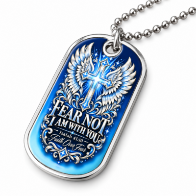 Personalized Christian Keychain Dog Tag Necklace - Faith Over Fear, Isaiah 41:10 Bible Verse, Cross & Angel Wings, Custom Engraved Gift