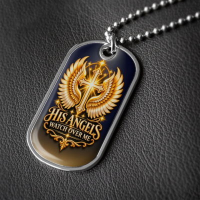 His Angels Watch Over Me Dog Tag Necklace – Christian Dog Tag Pendant with Cross and Angel Wings, Religious Gift for Men and Women