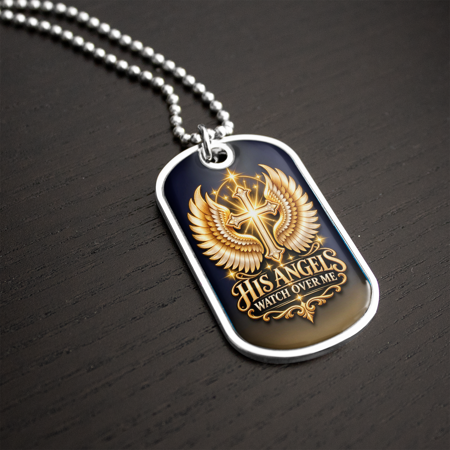 His Angels Watch Over Me Dog Tag Necklace – Christian Dog Tag Pendant with Cross and Angel Wings, Religious Gift for Men and Women - Image 6