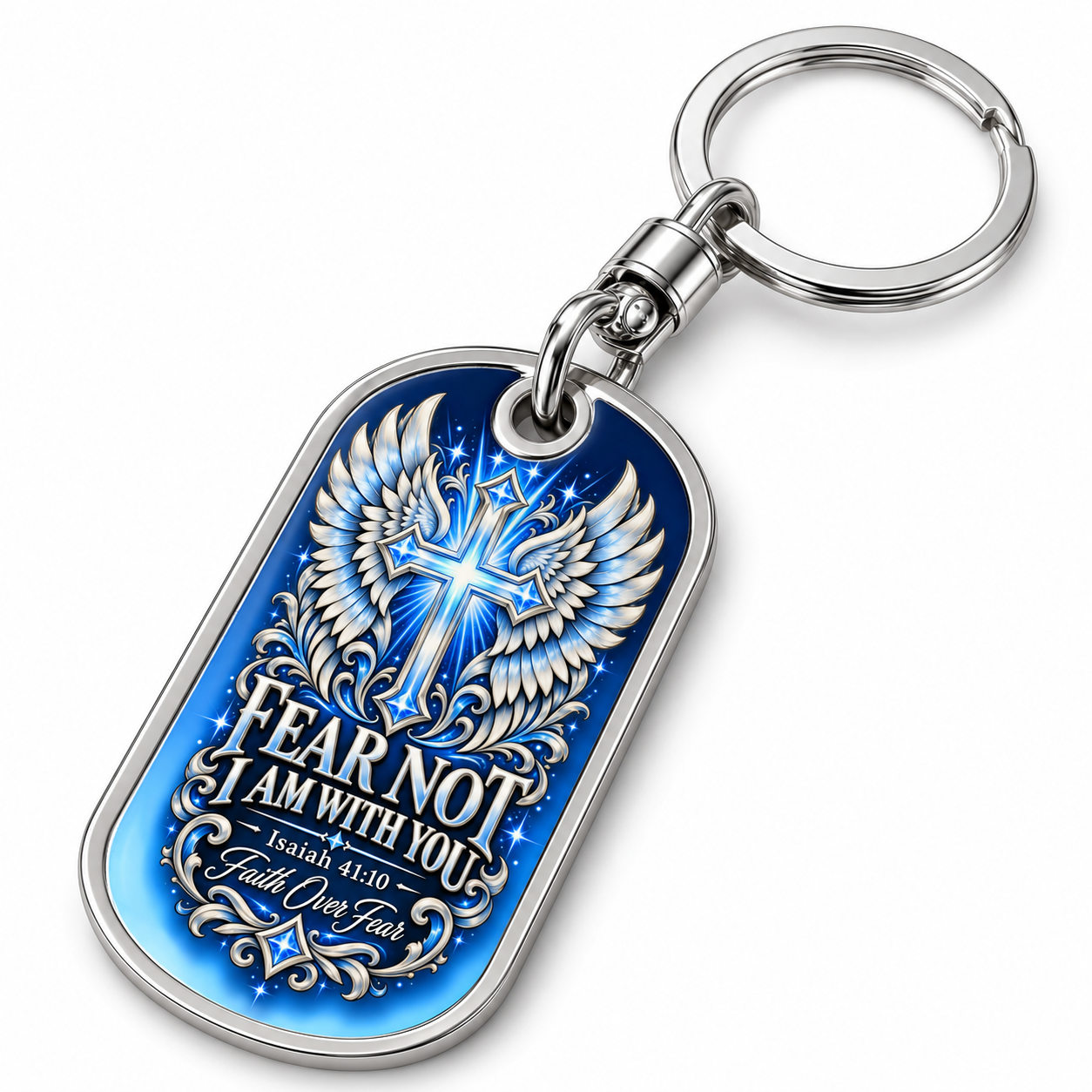 Personalized Christian Keychain Dog Tag Necklace - Faith Over Fear, Isaiah 41:10 Bible Verse, Cross & Angel Wings, Custom Engraved Gift - Image 7