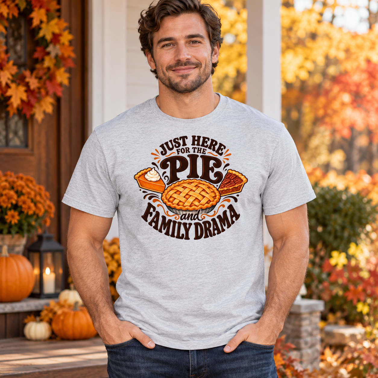 Just Here for the Pie and Family Drama T-Shirt – Funny Thanksgiving Tee - V-Neck Shirt - Image 3