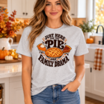 Just Here for the Pie and Family Drama T-Shirt – Funny Thanksgiving Tee - V-Neck Shirt - Thumbnail Image 5