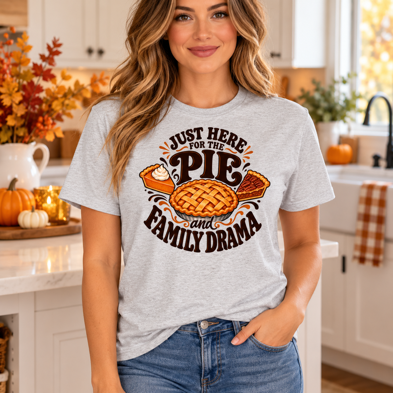 Just Here for the Pie and Family Drama T-Shirt – Funny Thanksgiving Tee - V-Neck Shirt - Image 5