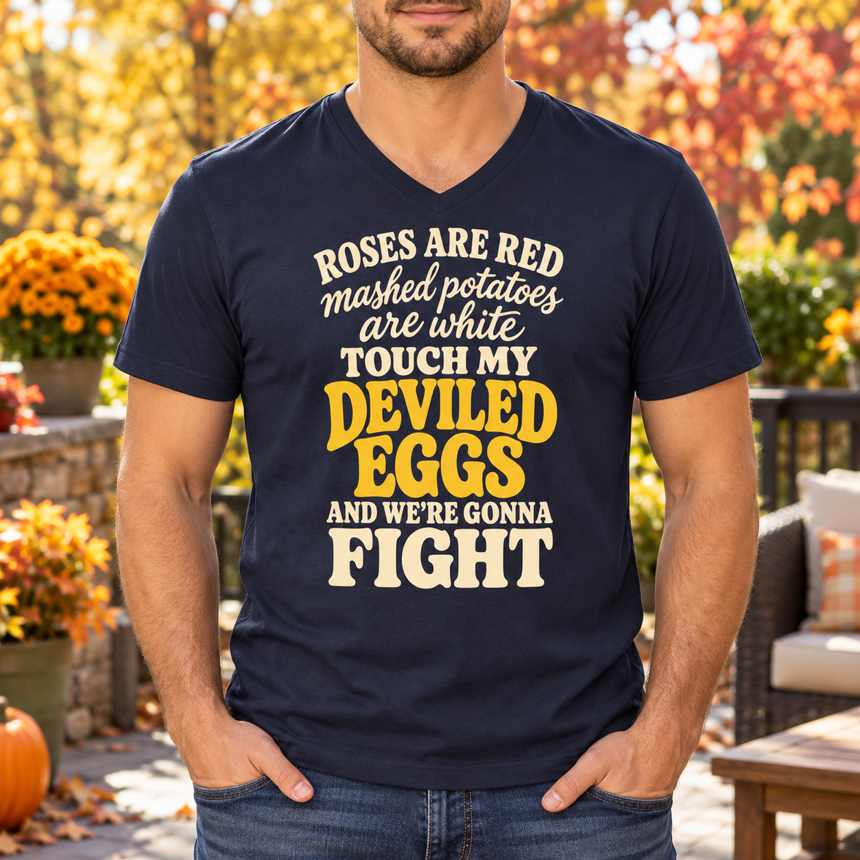 Roses Are Red Touch My Deviled Eggs T-Shirt – Funny Retro Food Quote Tee - V-neck Shirt - Image 4