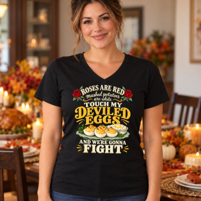 Alternative view of Funny Roses Are Red Deviled Eggs V-Neck Shirt – Touch My Deviled Eggs and We’re Gonna Fight