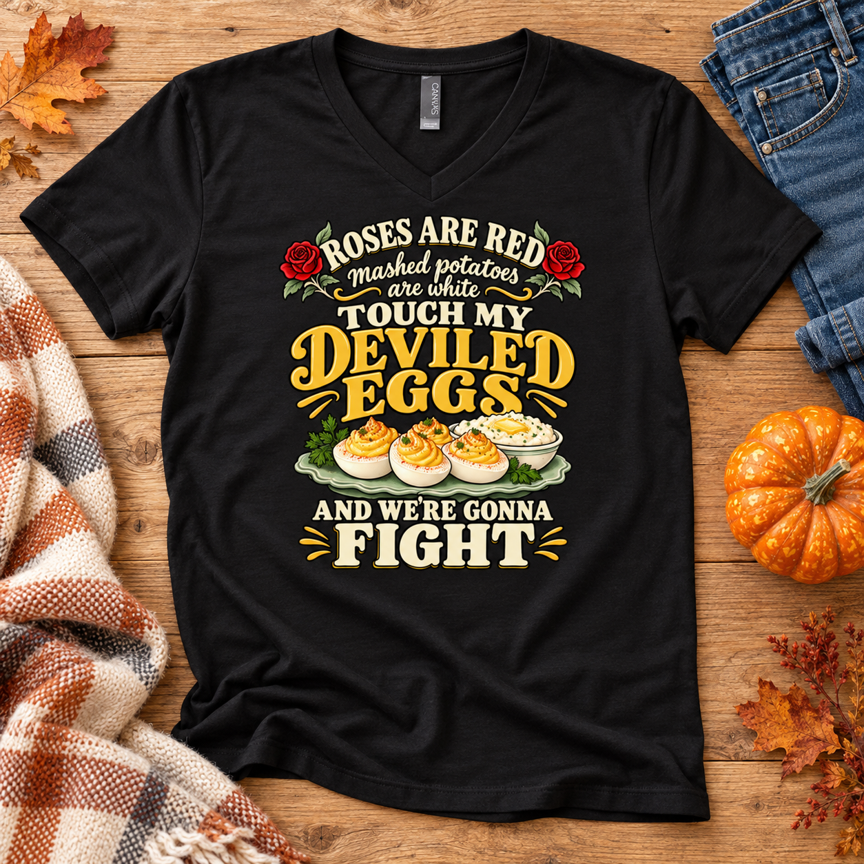 Funny Roses Are Red Deviled Eggs V-Neck Shirt – Touch My Deviled Eggs and We’re Gonna Fight - Image 4