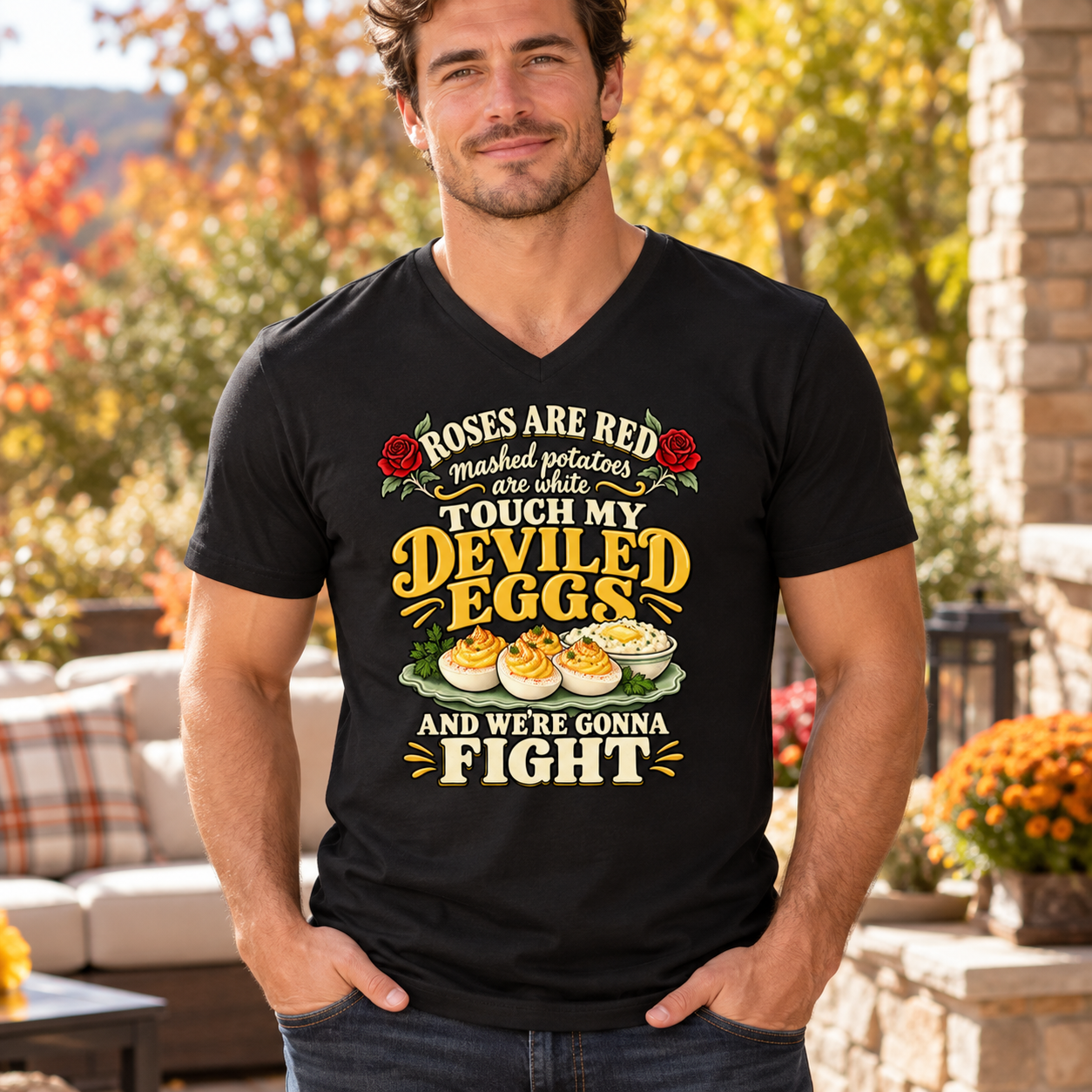 Funny Roses Are Red Deviled Eggs V-Neck Shirt – Touch My Deviled Eggs and We’re Gonna Fight - Image 5