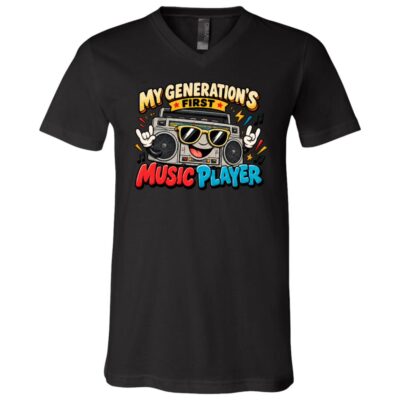 My Generation’s First Music Player Shirt Youth Shirt - Retro Boombox Graphic Tee, Funny 80s Music Lover Gift, Black, V-Neck T-Shirt