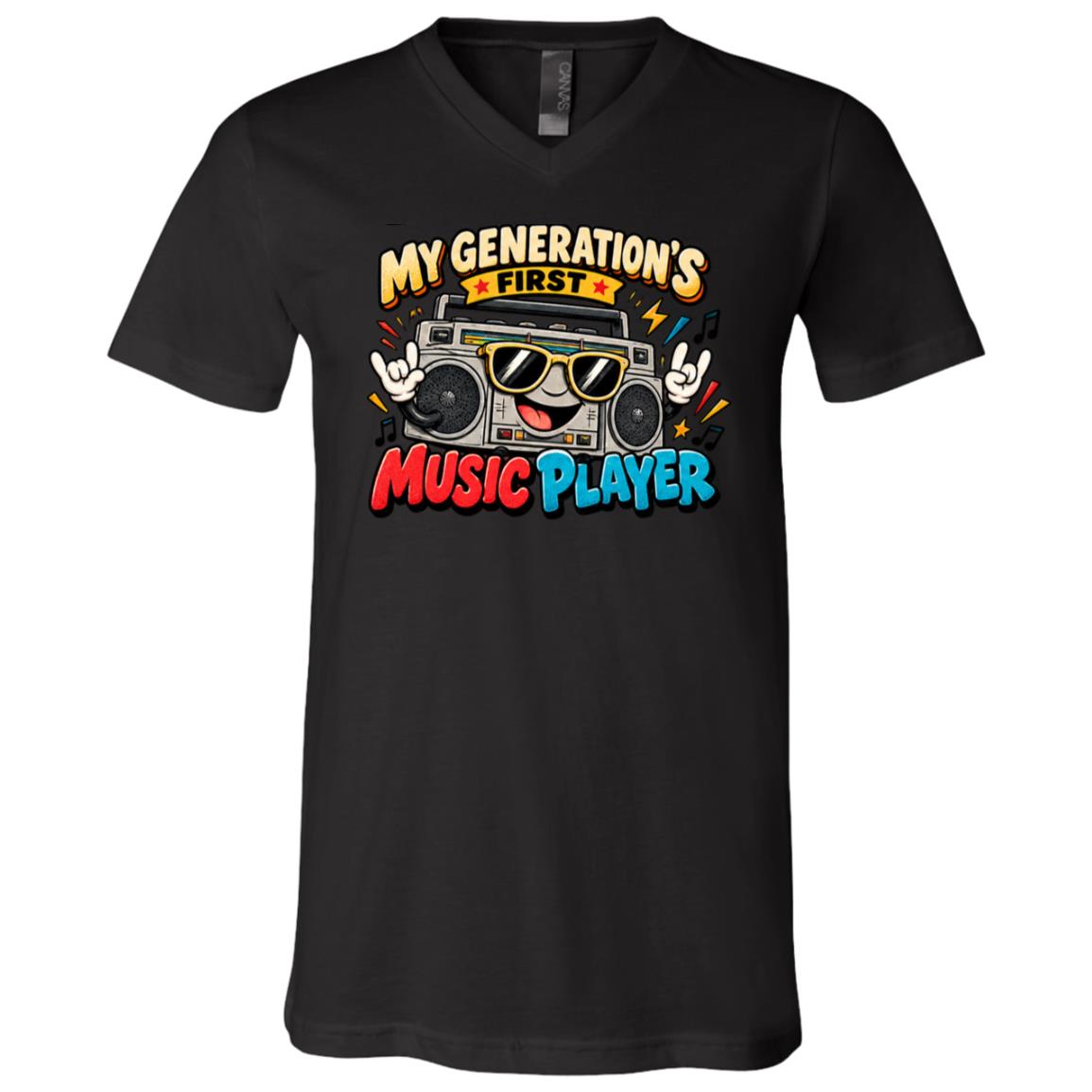 My Generation’s First Music Player Shirt Youth Shirt - Retro Boombox Graphic Tee, Funny 80s Music Lover Gift, Black, V-Neck T-Shirt