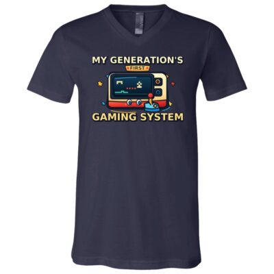 My Generation’s First Gaming System T-Shirt - Kid Shirt - Retro Video Game & Joystick Graphic Tee, Gamer Gift, Navy, V-Neck T-Shirt