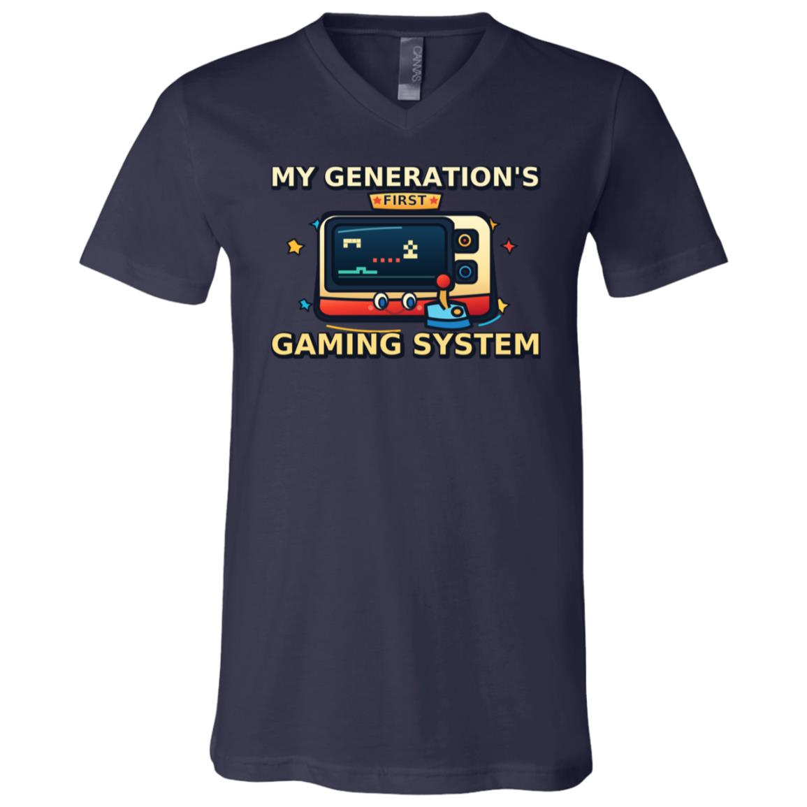 My Generation’s First Gaming System T-Shirt - Kid Shirt - Retro Video Game & Joystick Graphic Tee, Gamer Gift, Navy, V-Neck T-Shirt