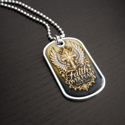 Alternative view of Faith Over Fear Dog Tag Necklace – Christian Cross and Angel Wings Pendant, Walk by Faith Jewelry Gift for Men and Women