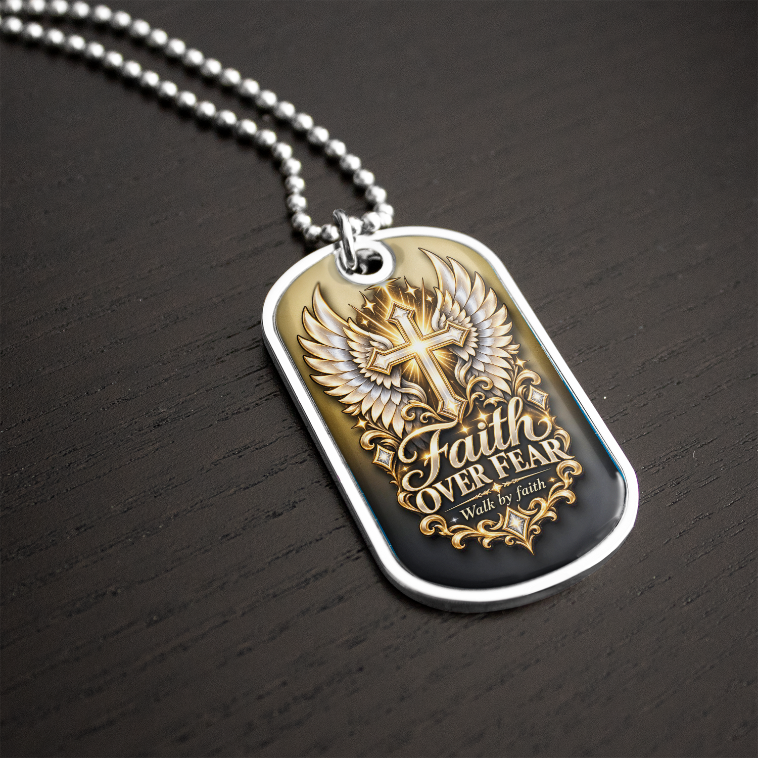 Faith Over Fear Dog Tag Necklace – Christian Cross and Angel Wings Pendant, Walk by Faith Jewelry Gift for Men and Women - Image 2