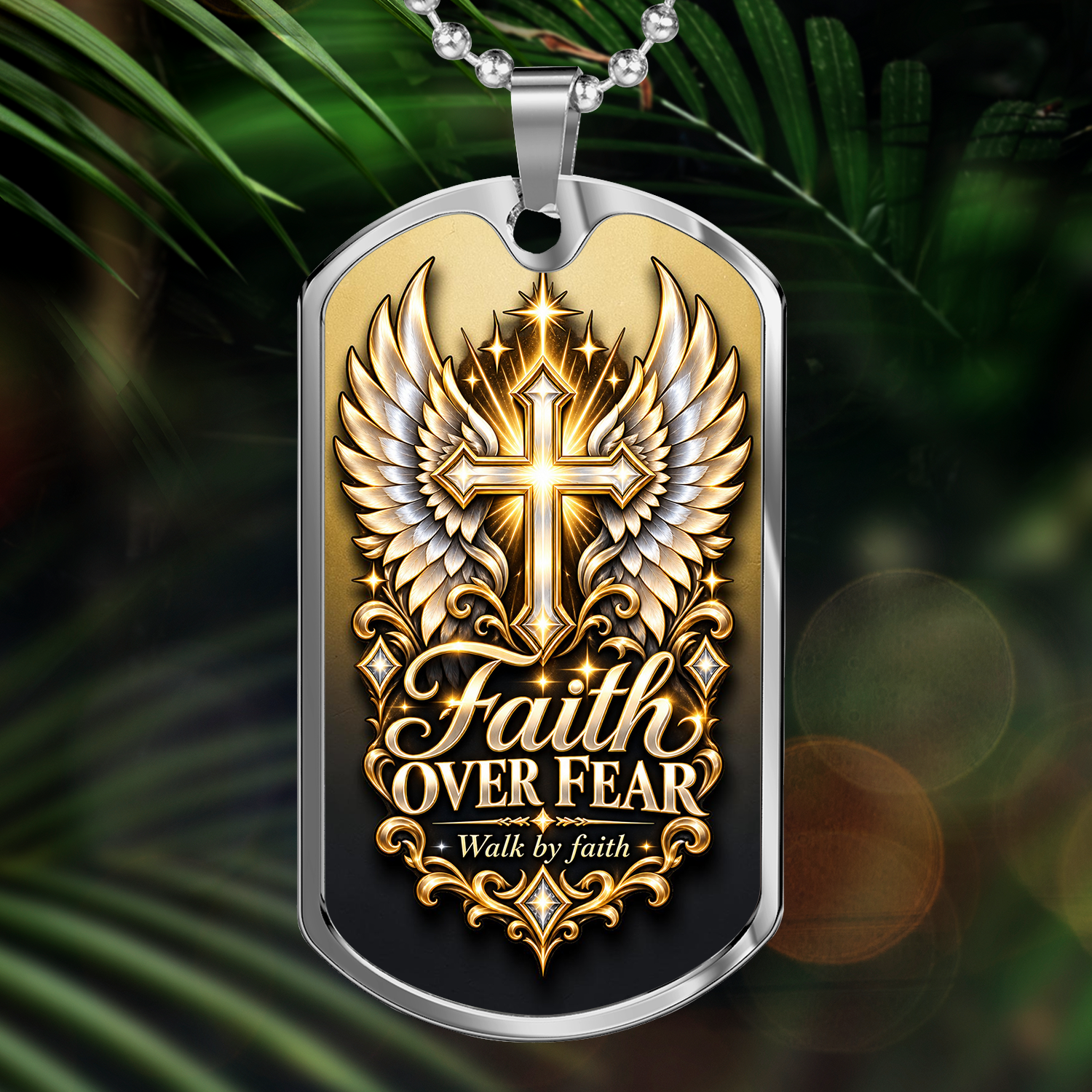 Faith Over Fear Dog Tag Necklace – Christian Cross and Angel Wings Pendant, Walk by Faith Jewelry Gift for Men and Women - Image 3