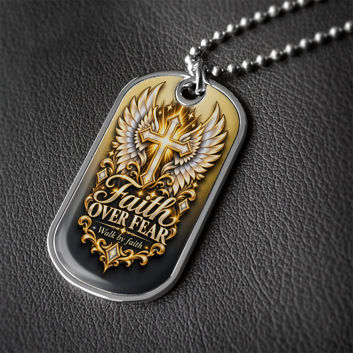 Faith Over Fear Dog Tag Necklace – Christian Cross and Angel Wings Pendant, Walk by Faith Jewelry Gift for Men and Women - Image 1