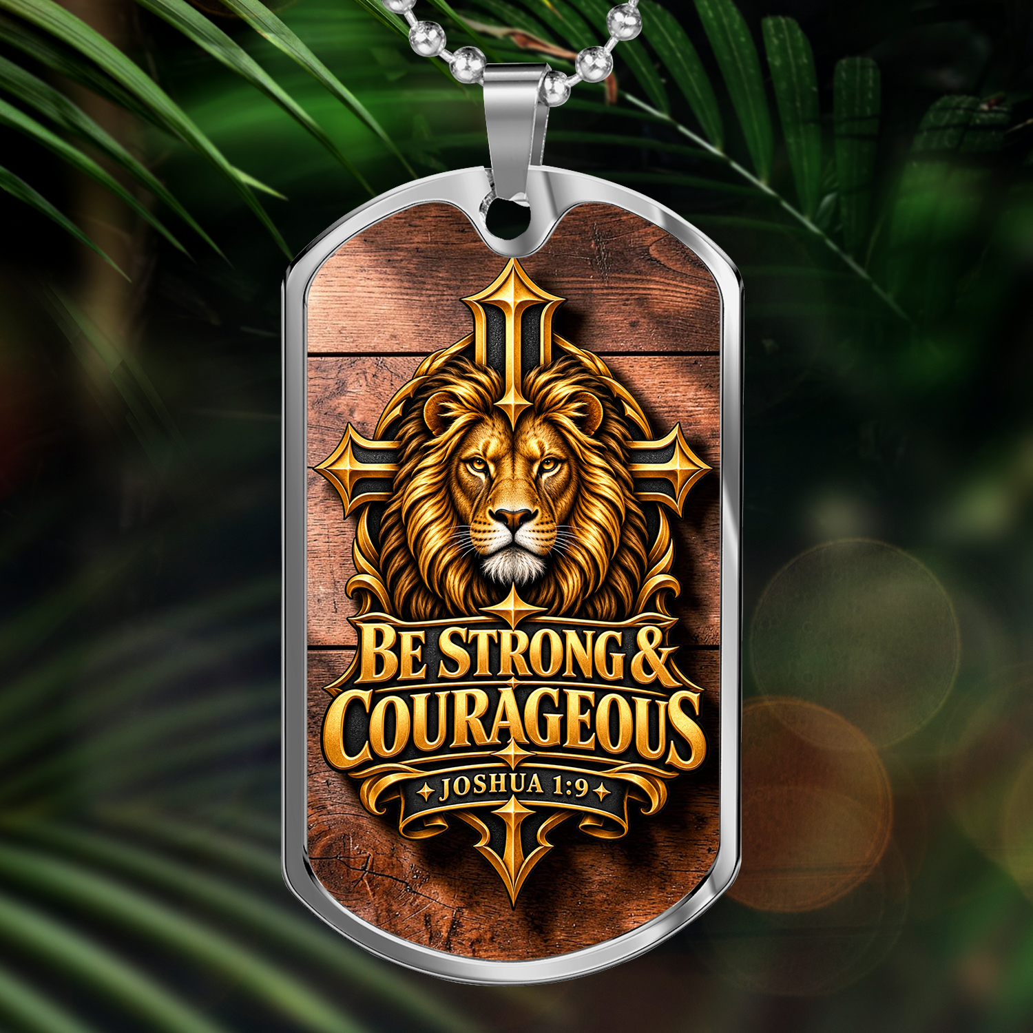 Be Strong and Courageous Necklace – Joshua 1:9 Christian Dog Tag, Lion and Cross Pendant, Bible Verse Gift for Men - Image 3