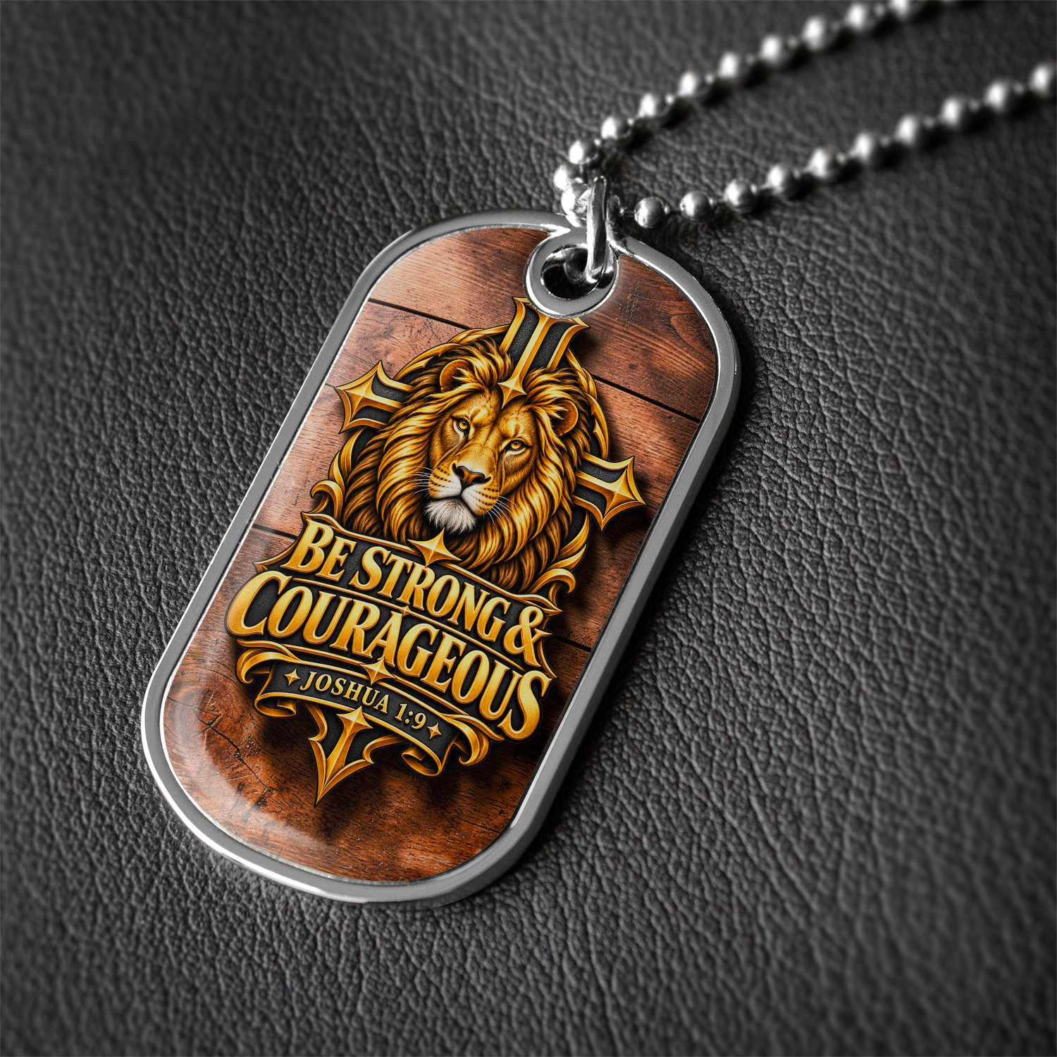 Be Strong and Courageous Necklace – Joshua 1:9 Christian Dog Tag, Lion and Cross Pendant, Bible Verse Gift for Men - Image 1