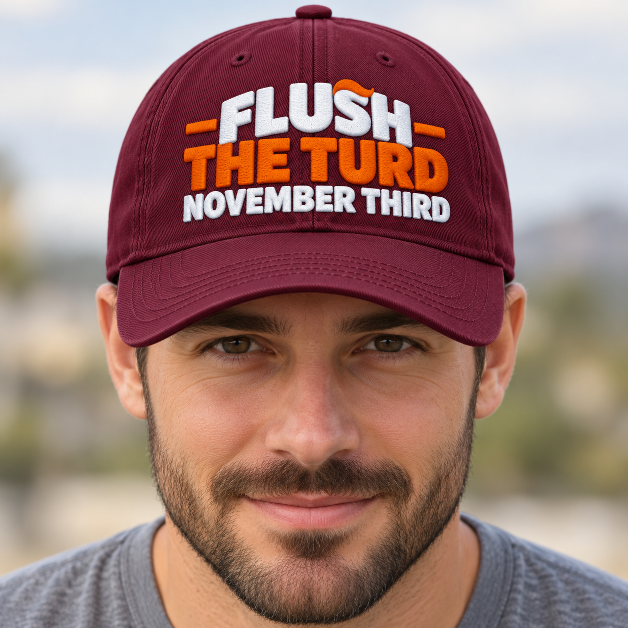 Flush The Turd November Third Embroidered Twill Cap – Funny Anti Trump Baseball Hat with Orange Hair Detail - Image 3