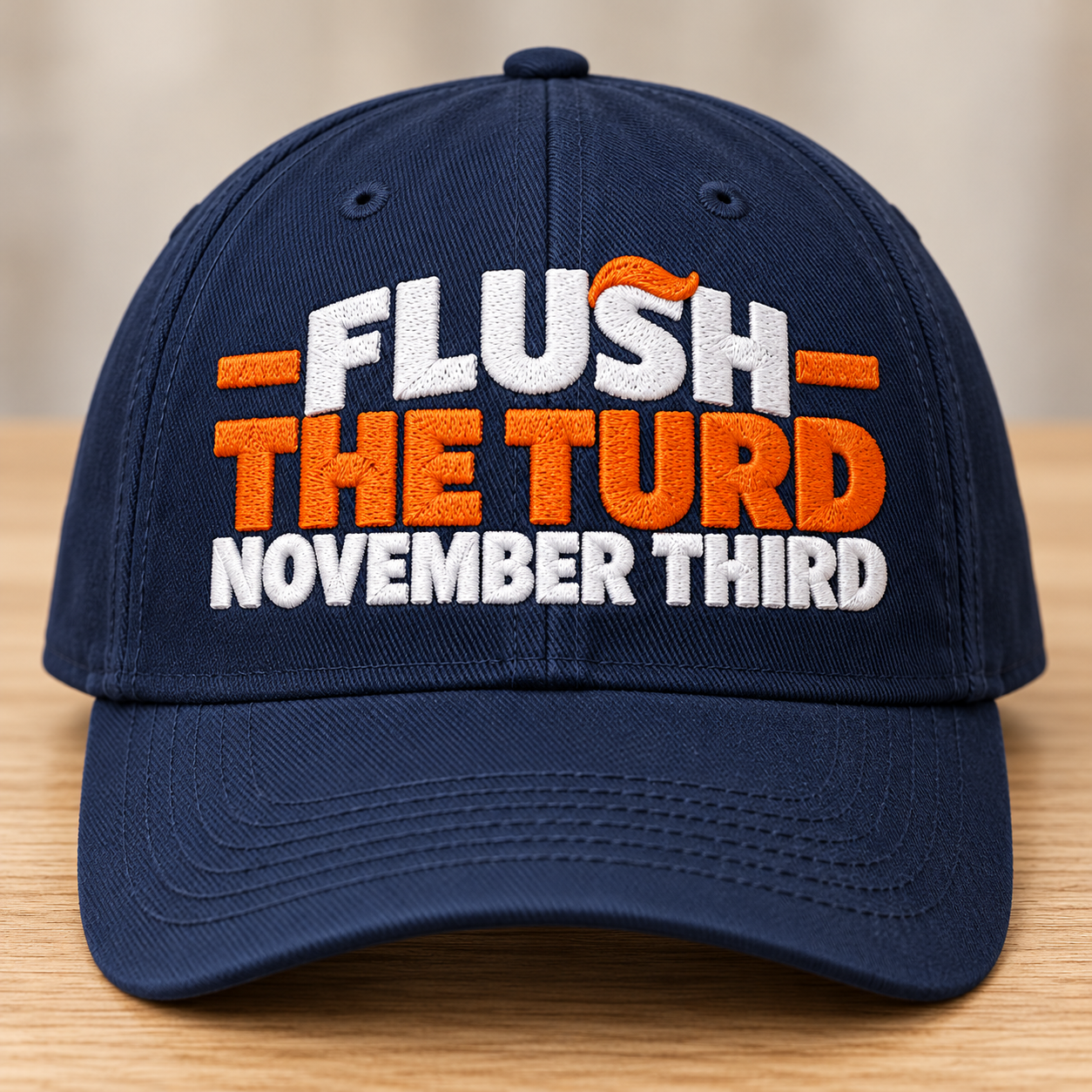 Flush The Turd November Third Embroidered Twill Cap – Funny Anti Trump Baseball Hat with Orange Hair Detail - Image 2