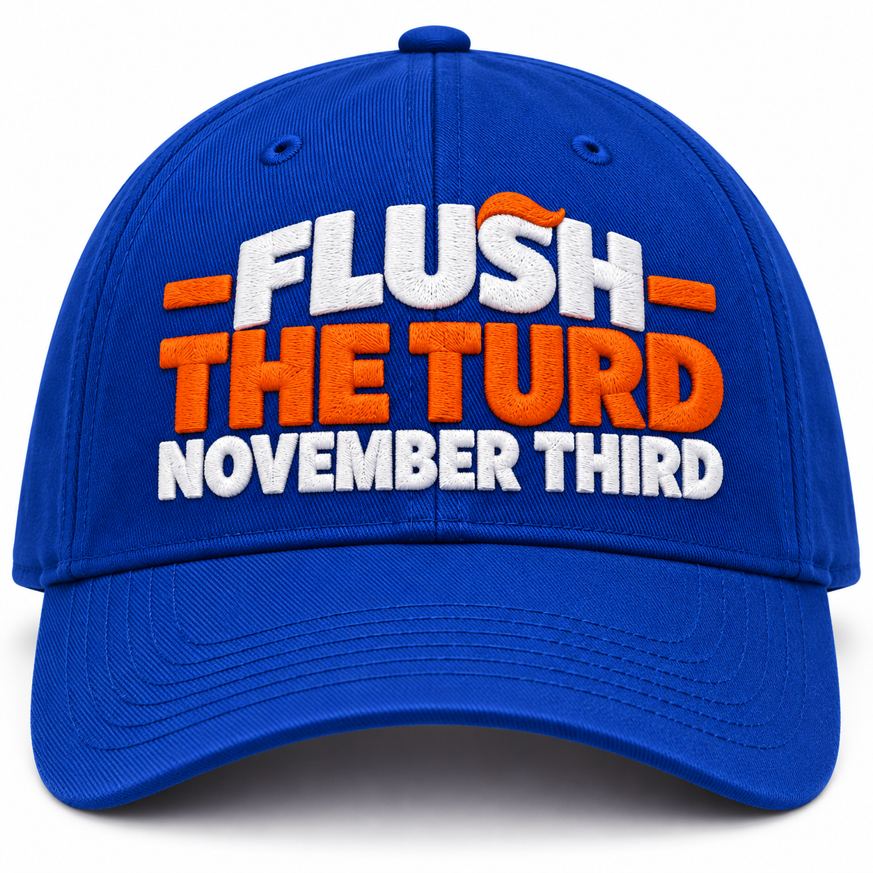Flush The Turd November Third Embroidered Twill Cap – Funny Anti Trump Baseball Hat with Orange Hair Detail - Image 8