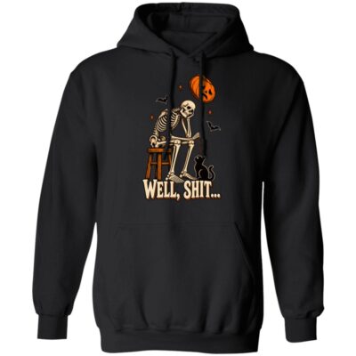 Well Shit Skeleton Unisex T-Shirt, Hoodie & Sweatshirt – Funny Halloween Pumpkin Balloon and Black Cat Graphic, Black, Hoodie