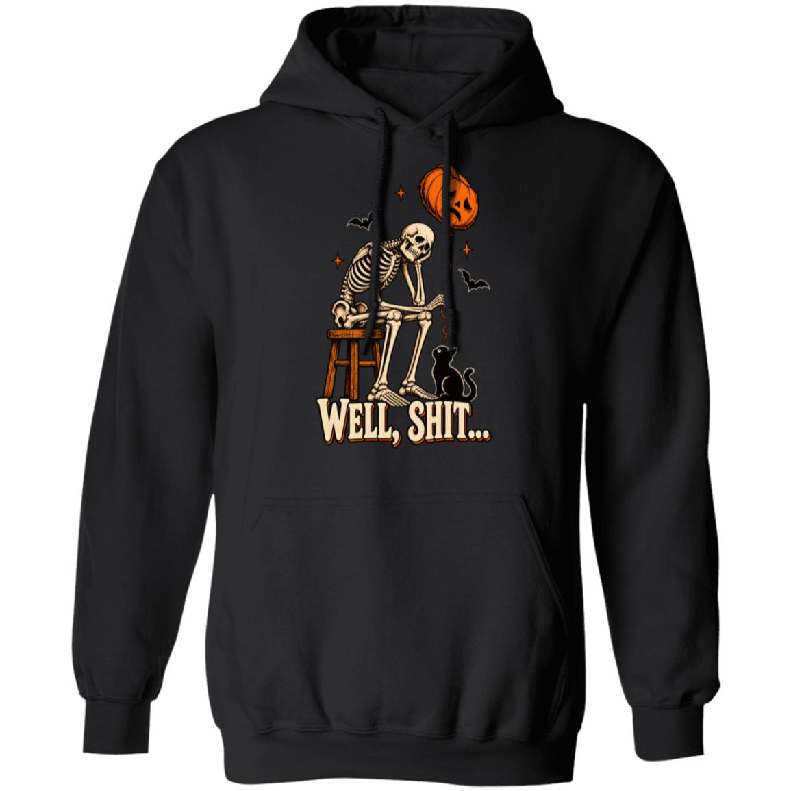 Well Shit Skeleton Unisex T-Shirt, Hoodie & Sweatshirt – Funny Halloween Pumpkin Balloon and Black Cat Graphic, Black, Hoodie
