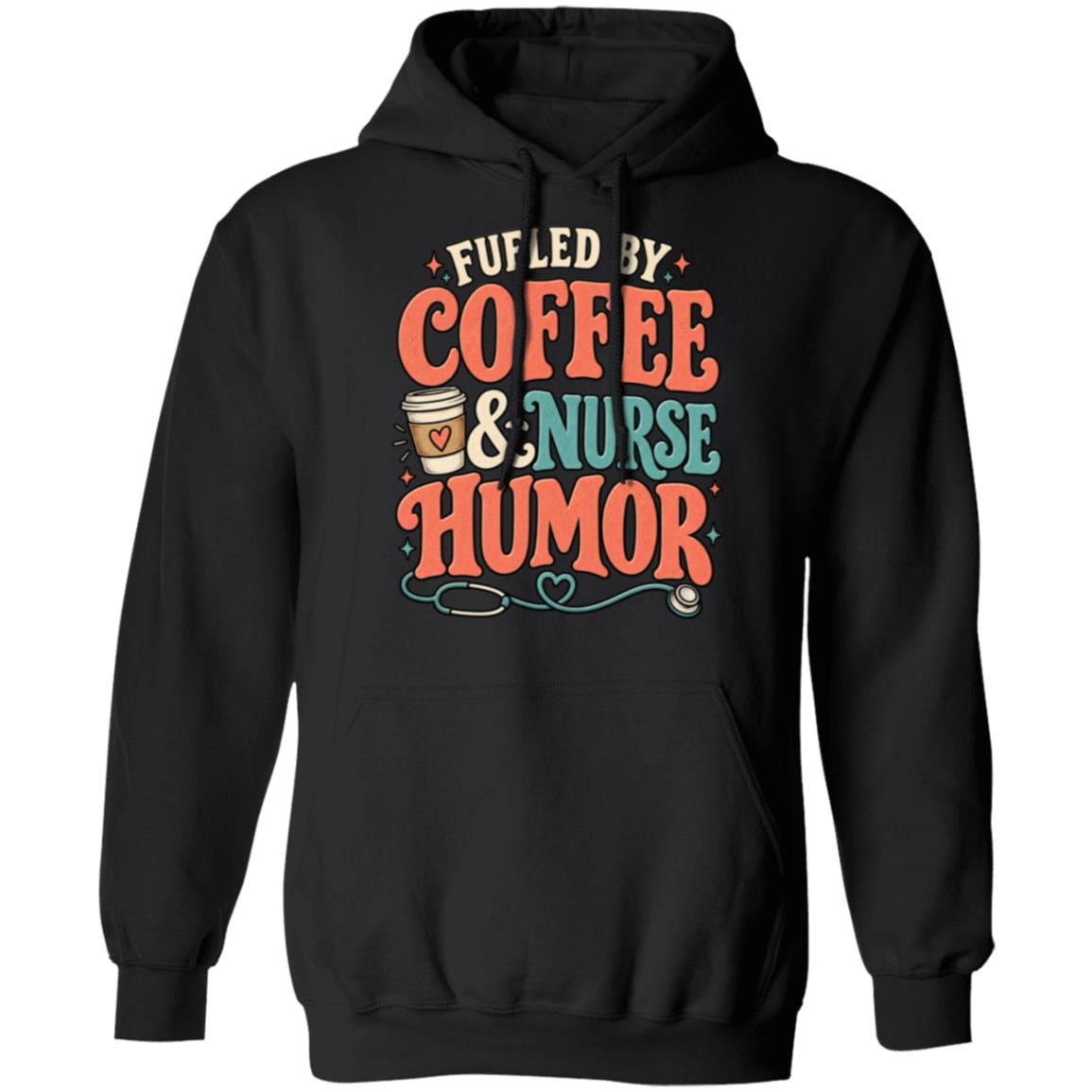 Fueled by Coffee and Nurse Humor Unisex T-Shirt, Hoodie & Sweatshirt – Funny Nursing Gift with Retro Stethoscope Graphic, Black, Hoodie